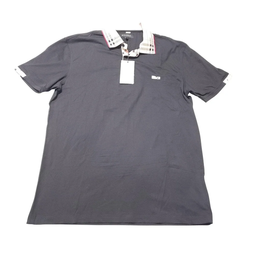 Ricceli Mens XL Black Stretch Polo Shirt NWT Plaid Collar Cotton Spandex